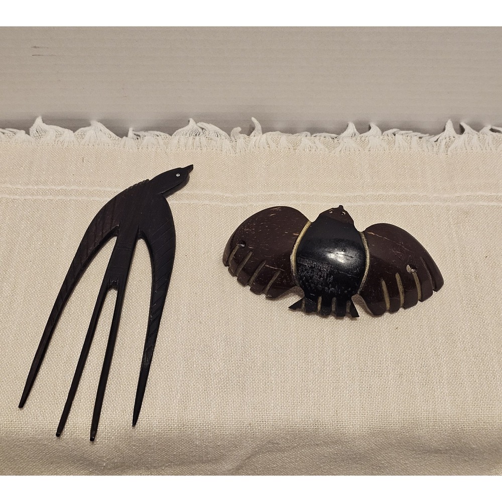 VTG Hand Carved TANGANYIKA PURPLE MARTIN HAIR COMB/Ebony Wall Plaque Africa